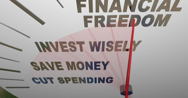 A speedometer with the words Financial Security, Invest Wisely, Save Money and Cut Spending