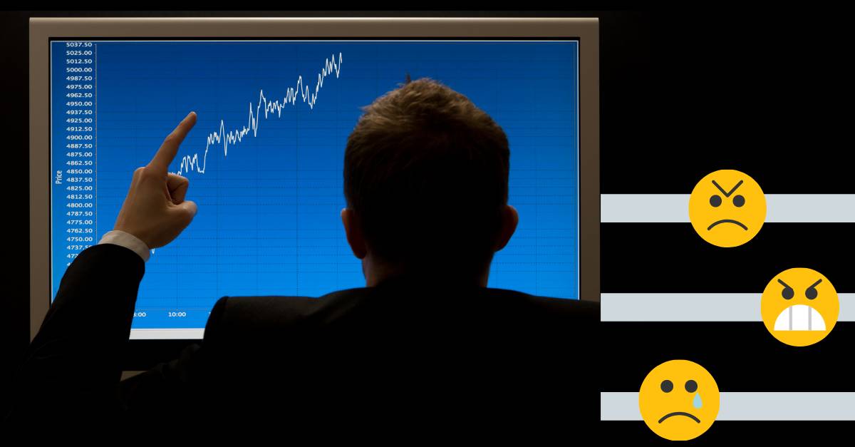 man staring angrily at the charts. emoticon on different levels on the side