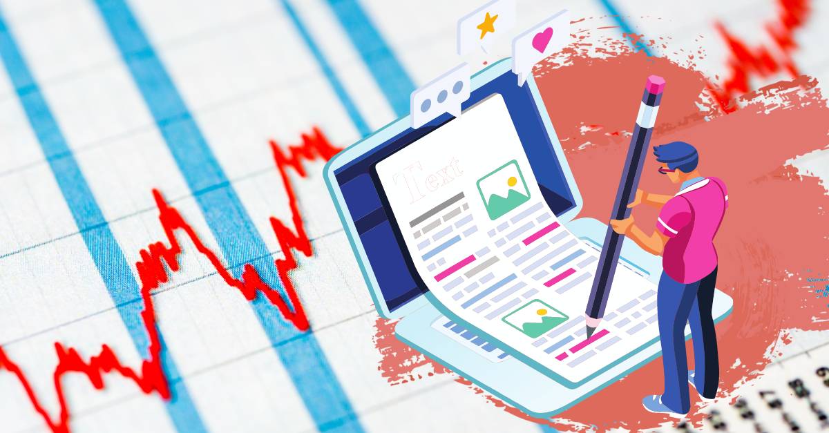 a man with a huge pencil standing on a laptop with a checklist. Forex chart on the background