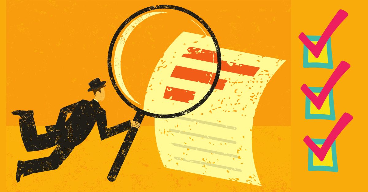 a man closely inspecting a document with checkboxes on the side