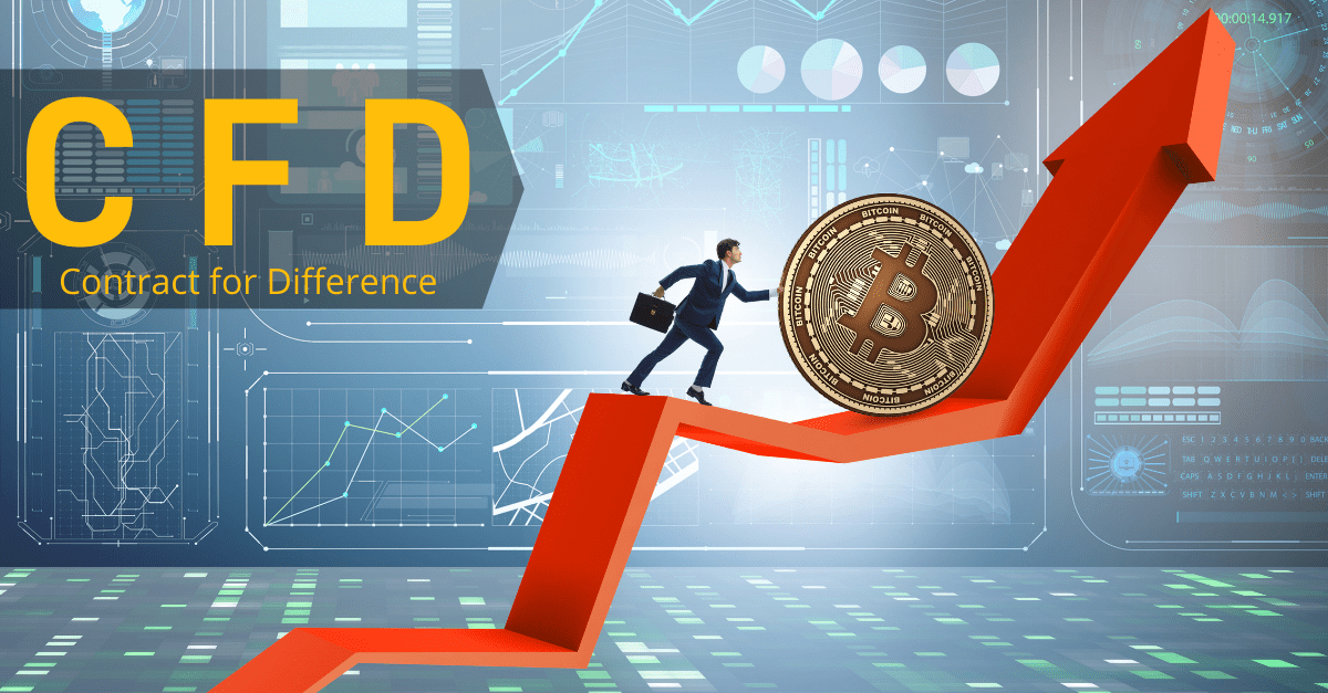 man pushing a bitcoin on an arrow moving upwards, text CFD in the background