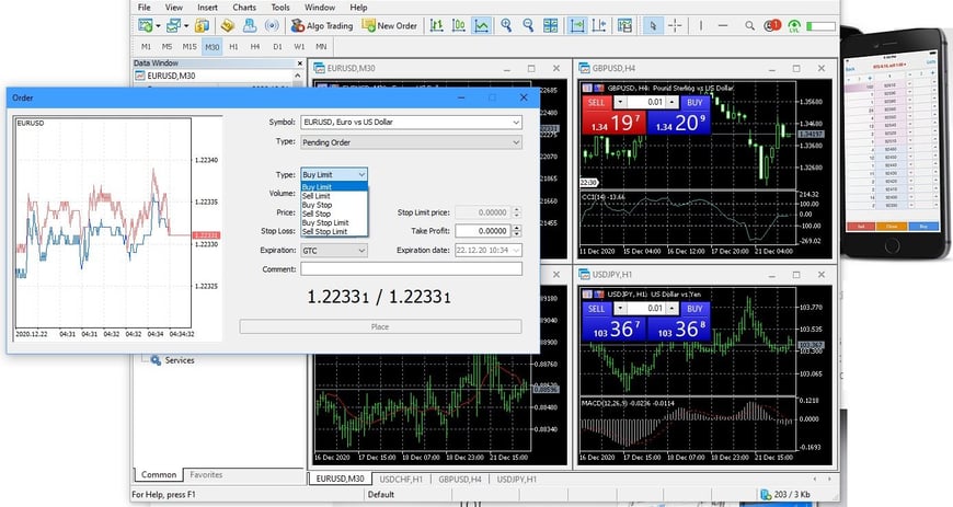 image of the pending orders available on the MT5 trading platform.