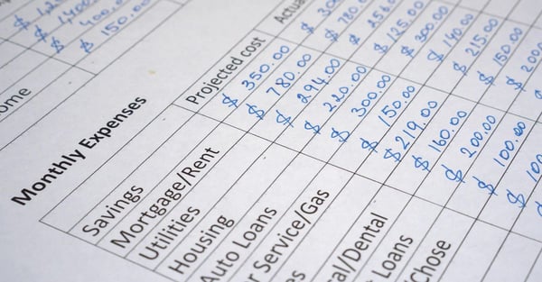 table of monthly expenses
